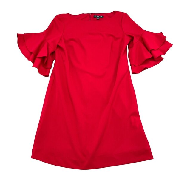 Lauren Ralph Lauren Dress Women 8 Red Flutter Black Label Shift Party Formal‎ - Picture 1 of 11